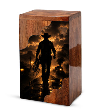 Western Cowboy Wooden Cremation Urn – Cowboy Memorial Urn for Human Ashes