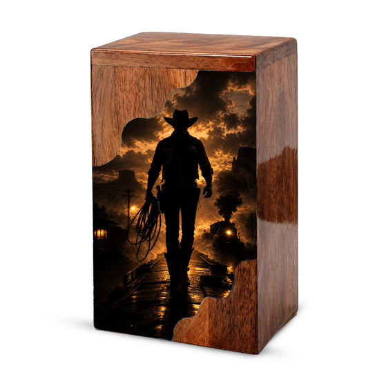 Western Cowboy Wooden Cremation Urn – Cowboy Memorial Urn for Human Ashes