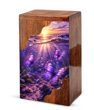 Purple Butterfly Wooden Cremation Urn – Wooden Urn for Human Ashes