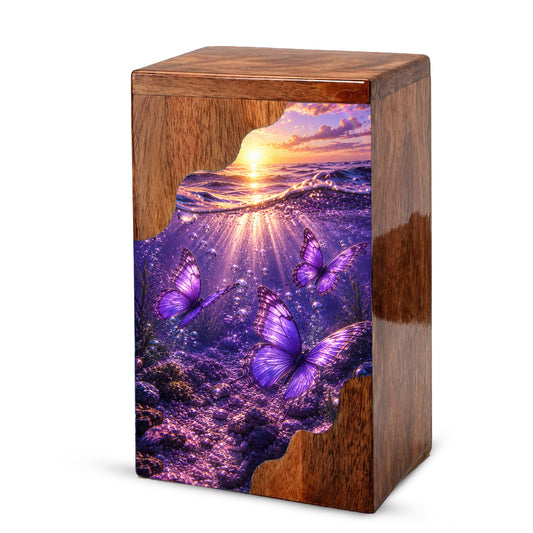 Purple Butterfly Wooden Cremation Urn – Wooden Urn for Human Ashes