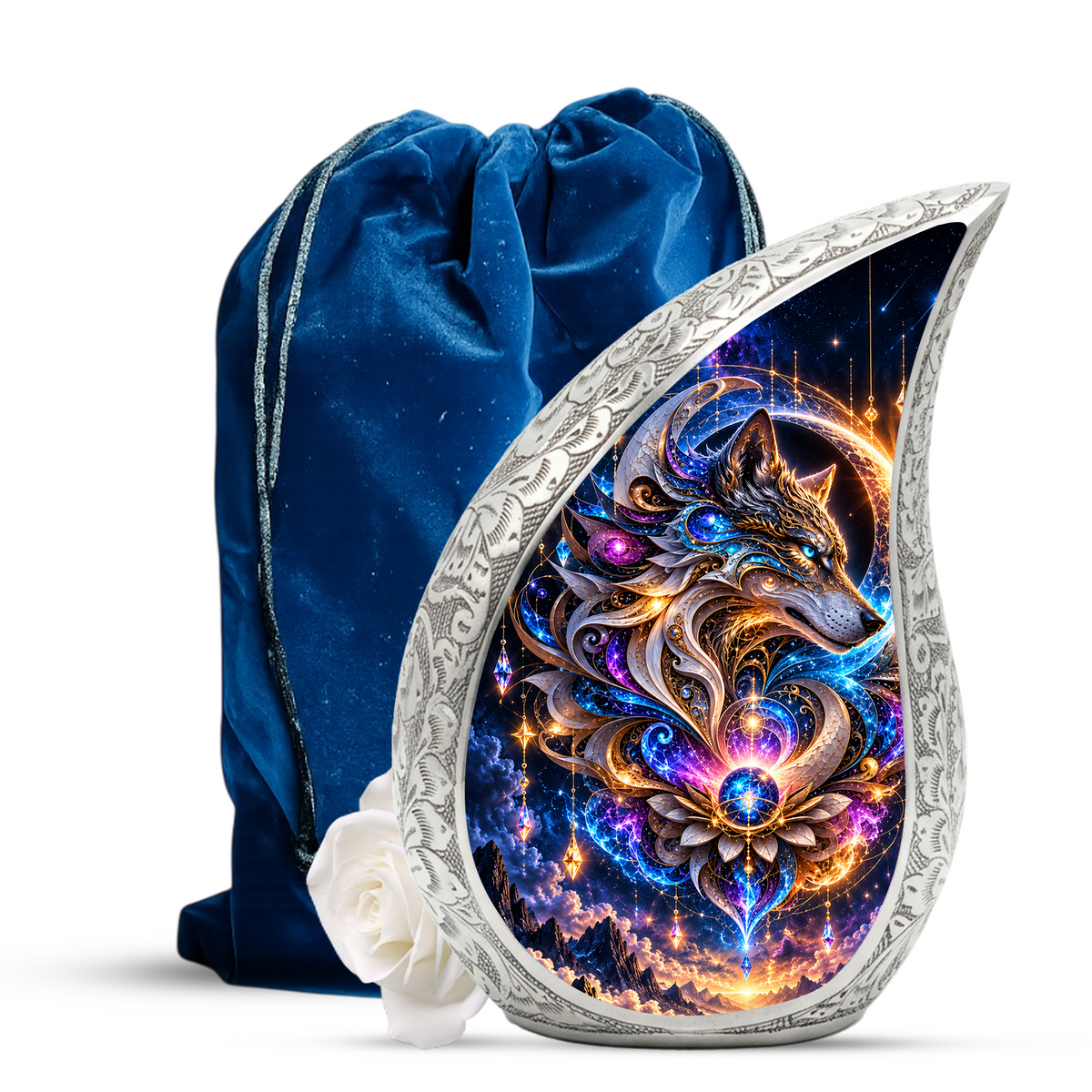 Celestial Wolf Cremation Urn for Ashes, Fantasy Animal Adult Memorial Urn
