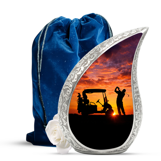 Golf Personalized Cremation Urn – Teardrop Style Aluminum Memorial Urn, 10 Inch