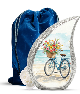 Coastal Bicycle Personalized Cremation Urn – Teardrop Style Aluminum Memorial Urn, 10 Inch