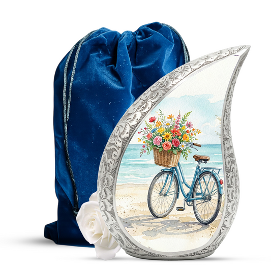 Coastal Bicycle Personalized Cremation Urn – Teardrop Style Aluminum Memorial Urn, 10 Inch