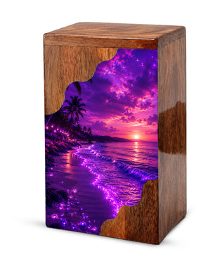 Beach Wooden Cremation Urn – Ocean Sunset Memorial Urn for Human Ashes
