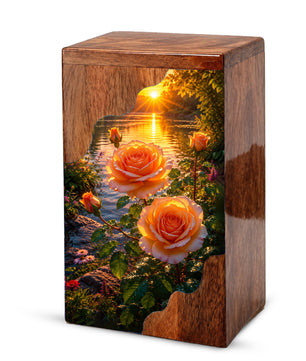 Rose Wooden Cremation Urn – Sunset Floral Memorial Urn for Human Ashes