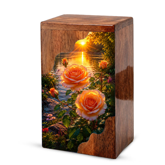 Rose Wooden Cremation Urn – Sunset Floral Memorial Urn for Human Ashes
