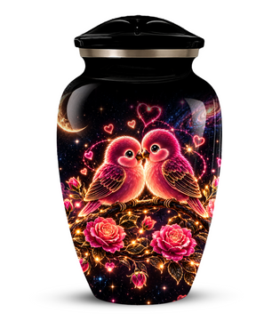 Love Birds Cremation Urn for Adult Ashes, Romantic Pink Birds and Roses Memorial Urn