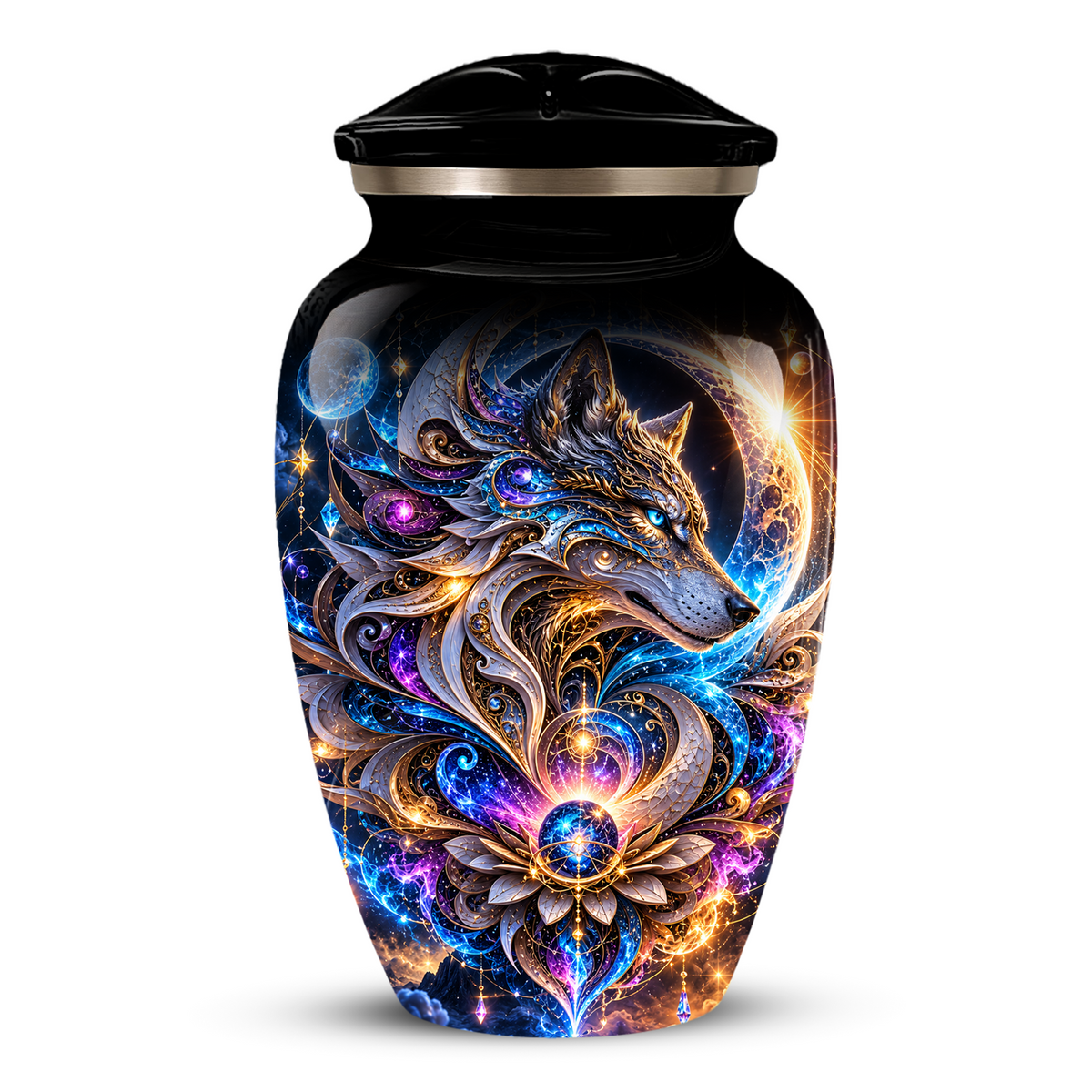 Personalized Adult Cremation Urn for Ashes, Celestial Wolf Memorial Urn, Fantasy Wolf Aluminum Cremation Urn