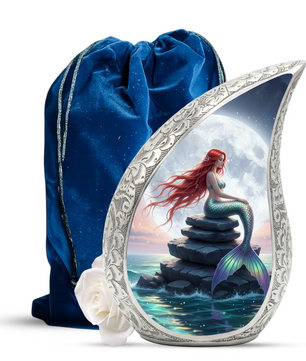 Mermaid Personalized Cremation Urn for Mom – Teardrop Style Aluminum Memorial Urn, 10 Inch