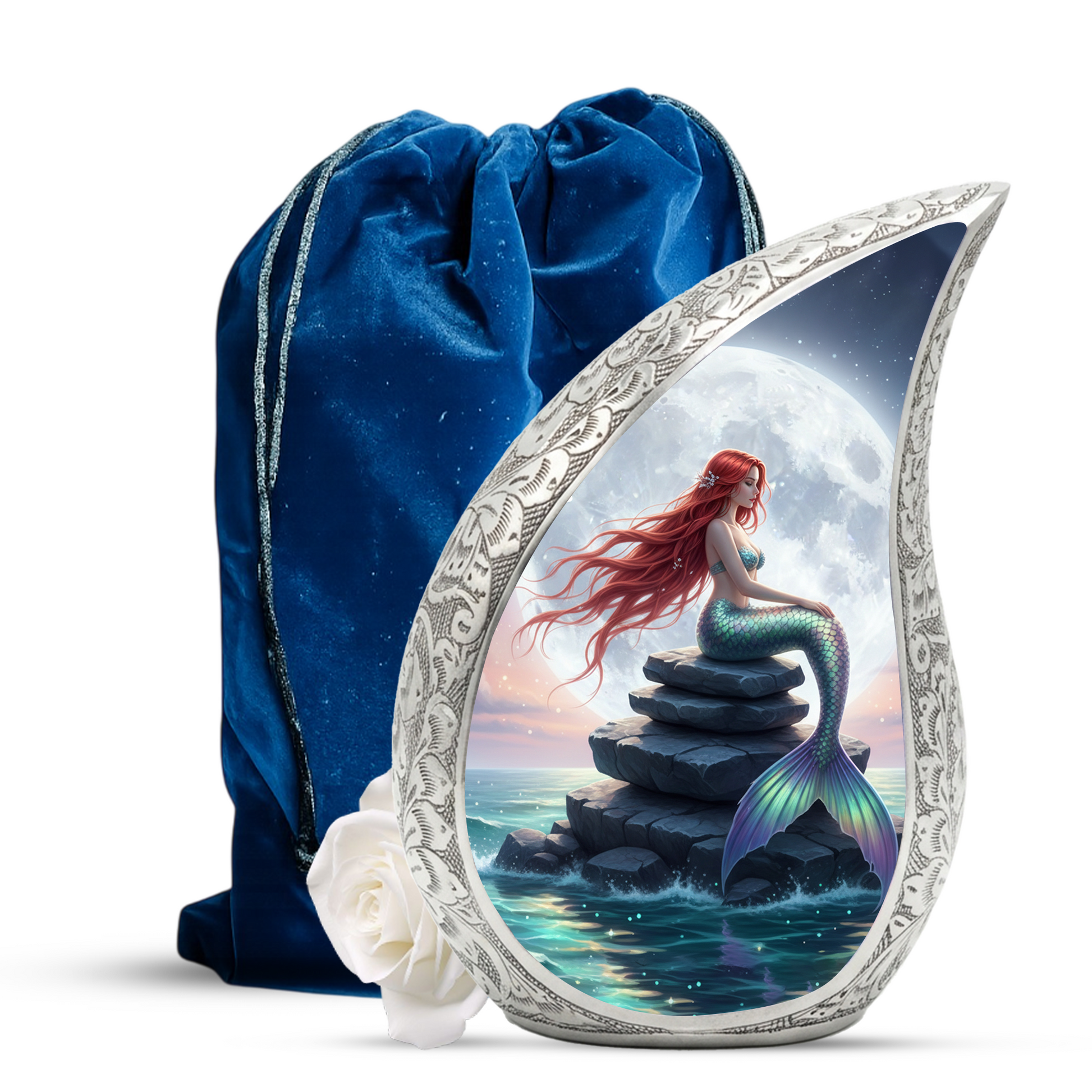 Mermaid Personalized Cremation Urn for Mom – Teardrop Style Aluminum Memorial Urn, 10 Inch