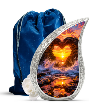 Heart Rock Ocean Sunset Memorial Urn – Personalized Cremation Urn for Human Ashes| Coastal Memorial Keepsake