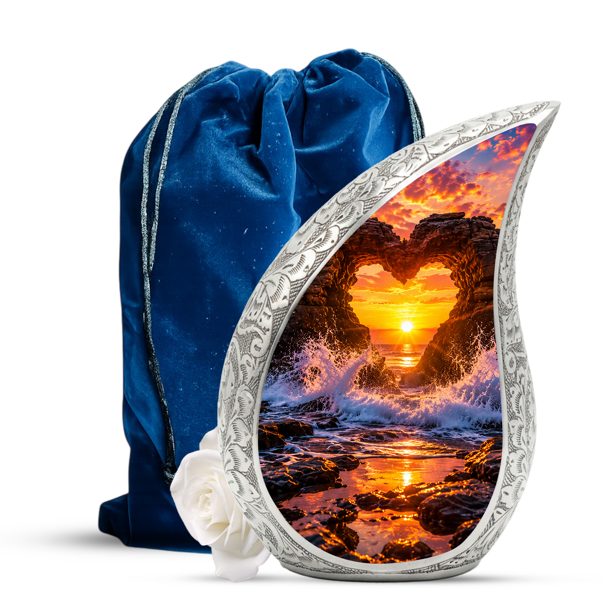 Heart Rock Ocean Sunset Memorial Urn – Personalized Cremation Urn for Human Ashes| Coastal Memorial Keepsake