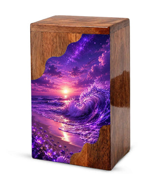 Violet Ocean Wooden Cremation Urn – Beach Theme Wooden Urn for Human Ashes