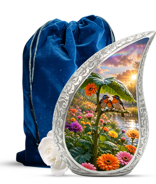 Bird Family Garden Adult Urn – Floral Nature Adult Cremation Urn for Human Ashes