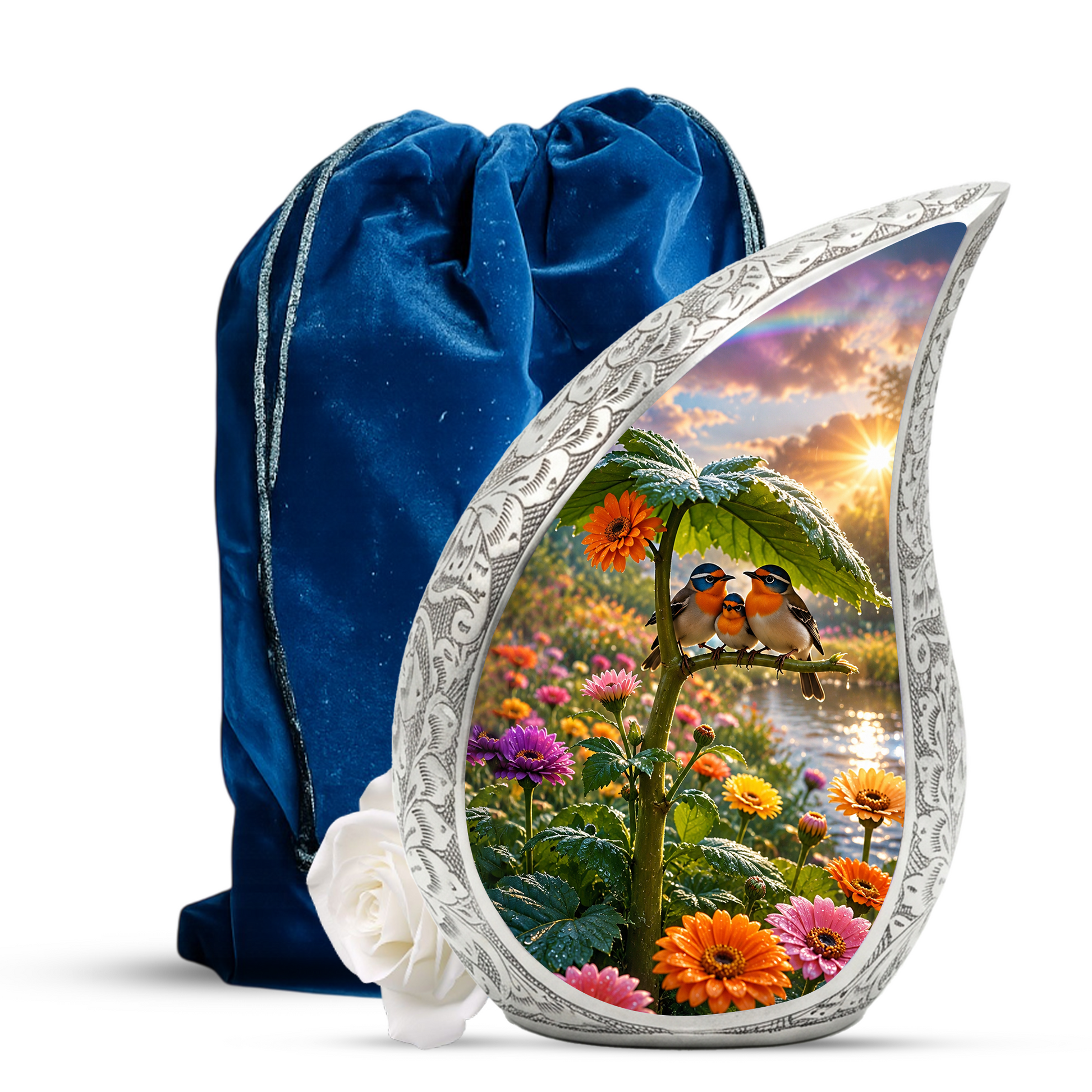 Bird Family Garden Adult Urn – Floral Nature Adult Cremation Urn for Human Ashes