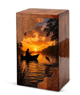 Sunset Fishing Wooden Cremation Urn – Gone Fishing Memorial Urn for Human Ashes