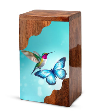 Hummingbird & Blue Butterfly Wooden Cremation Urn – Symbolic Memorial Wooden Urn for Human Ashes