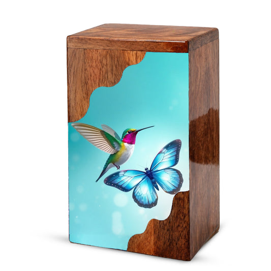 Hummingbird & Blue Butterfly Wooden Cremation Urn – Symbolic Memorial Wooden Urn for Human Ashes