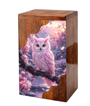 Pink Owl Wooden Cremation Urn – Cherry Blossom Memorial Urn