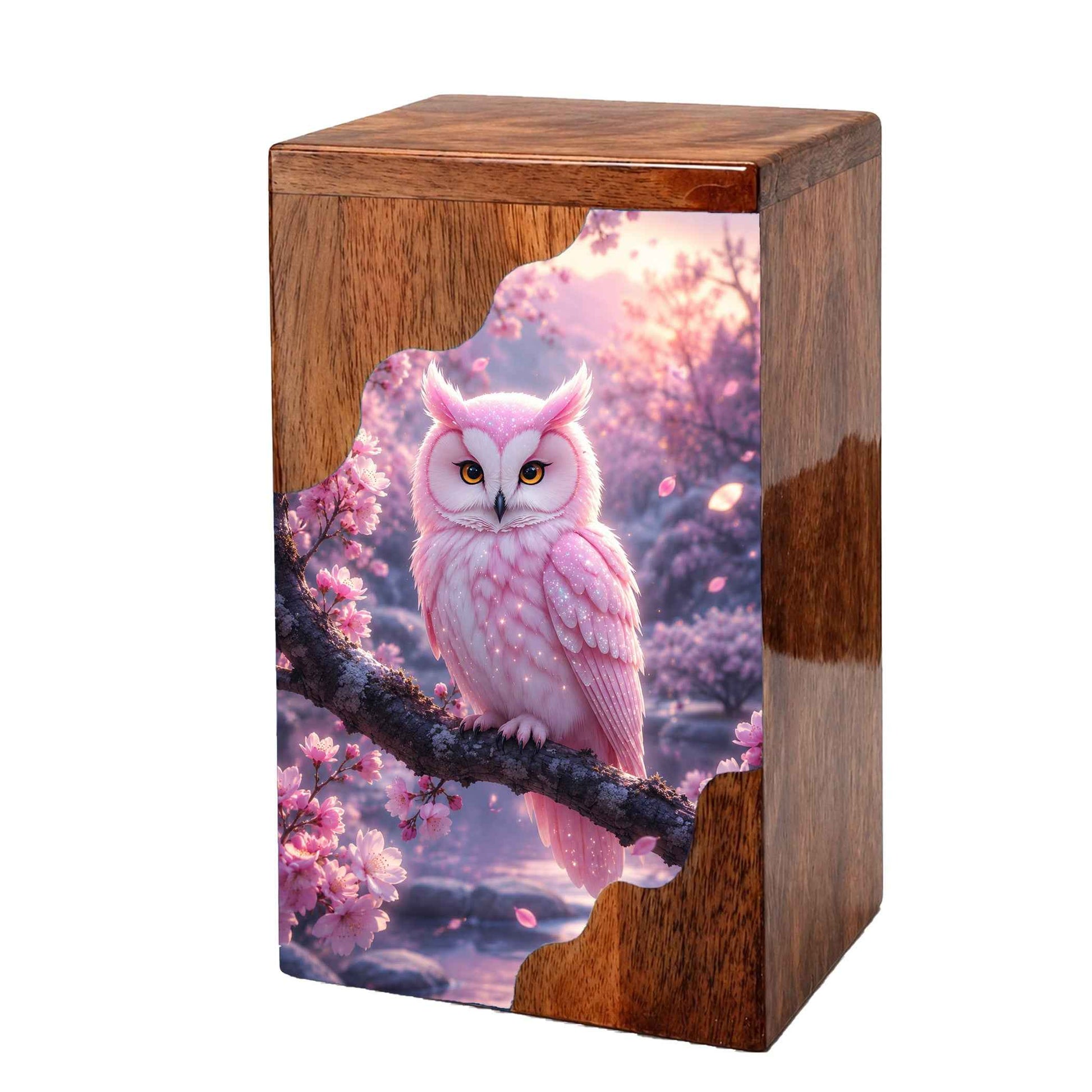 Pink Owl Wooden Cremation Urn – Cherry Blossom Memorial Urn