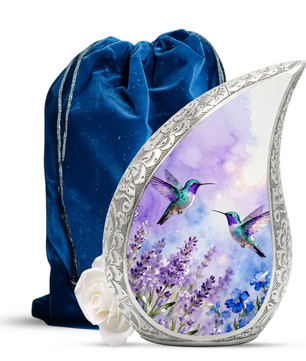 Hummingbird Personalized Cremation Urn for Mom – Teardrop Style Aluminum Memorial Urn, 10 Inch