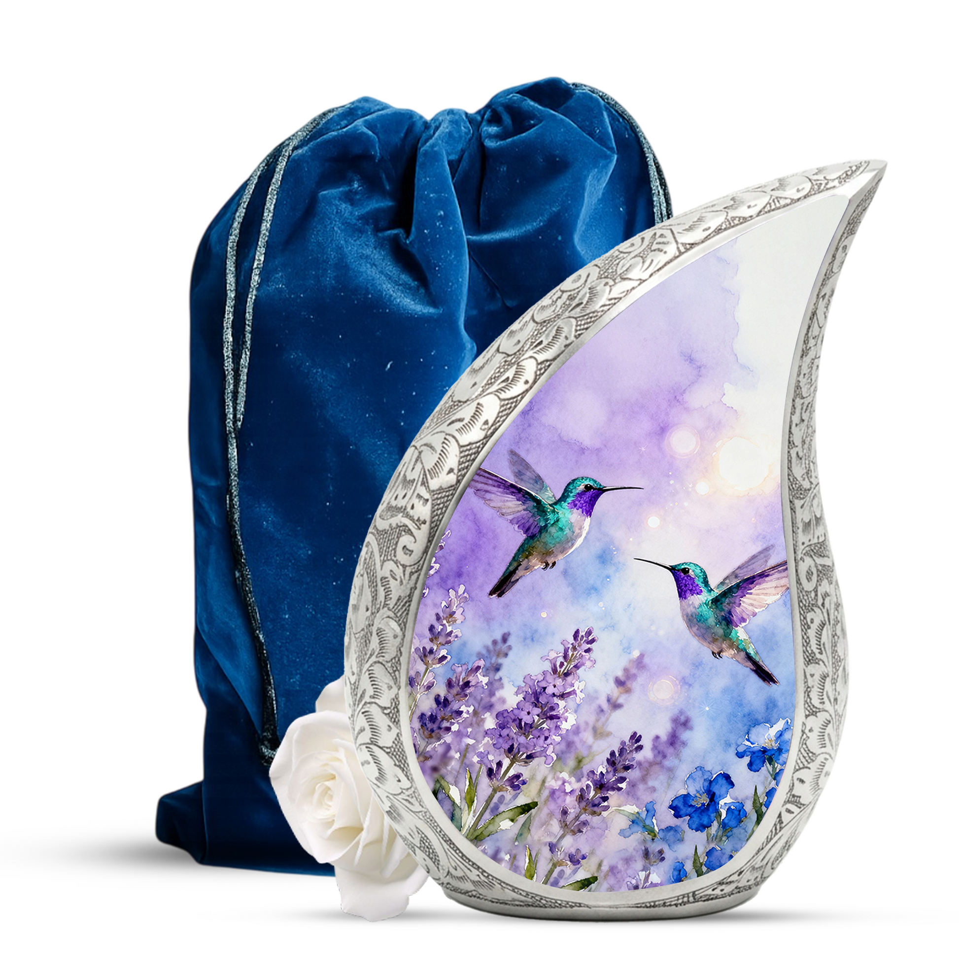 Hummingbird Personalized Cremation Urn for Mom – Teardrop Style Aluminum Memorial Urn, 10 Inch