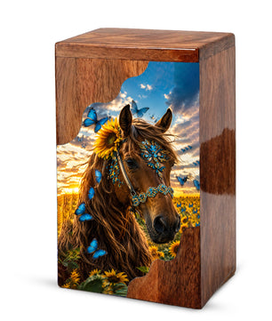 Horse Wooden Cremation Urn – Butterfly & Sunflower Memorial Urn for Ashes