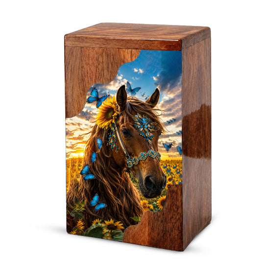 Horse Wooden Cremation Urn – Butterfly & Sunflower Memorial Urn for Ashes