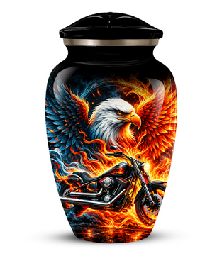 Eagle and Motorcycle Cremation Urn for Adult Ashes, Fiery Phoenix Eagle Biker Urn for Human Ashes