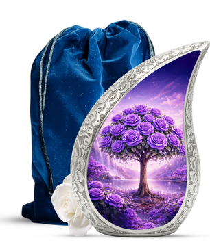 Personalized Purple Rose Cremation Urn – Custom Floral Memorial Urn for Ashes, Tree of Life Teardrop Aluminum Adult Urn, 10 Inch