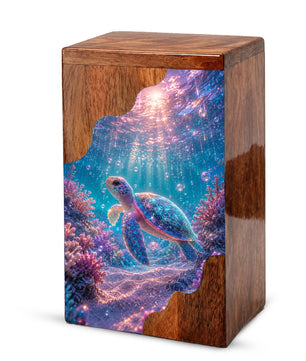 Sea Turtle Underwater Wooden Cremation Urn – Personalized Memorial Urn for Human Ashes