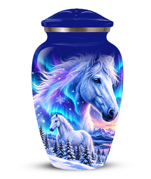 White Horse Cremation Urn for Adult Ashes, Blue Memorial Urn with Snowy Mountain and Northern Lights Artwork