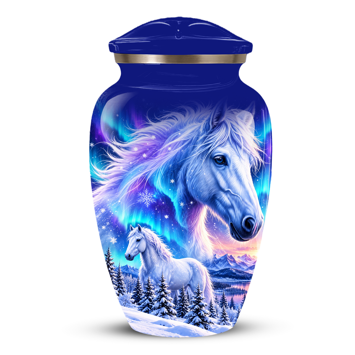White Horse Cremation Urn for Adult Ashes, Blue Memorial Urn with Snowy Mountain and Northern Lights Artwork