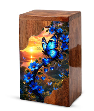 Blue Butterfly Wooden Cremation Urn – Floral Memorial Urn for Human Ashes