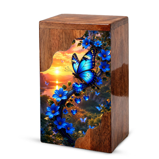 Blue Butterfly Wooden Cremation Urn – Floral Memorial Urn for Human Ashes