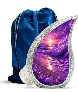 Beach Urns for Human Ashes – Purple Ocean Wave Sunset Beach Themed Cremation Urn