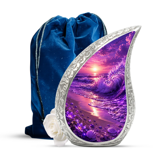 Beach Urns for Human Ashes – Purple Ocean Wave Sunset Beach Themed Cremation Urn