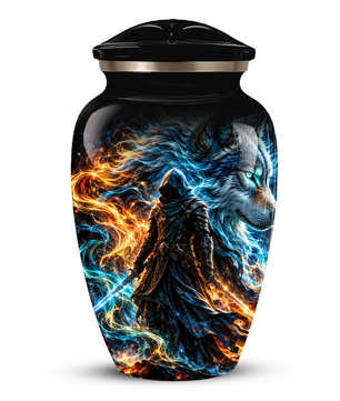 Personalized Adult Cremation Urn for Ashes, Custom Wolf Memorial Urn, Fantasy Warrior Blue and Orange Flame Artwork