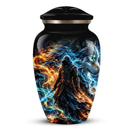 Personalized Adult Cremation Urn for Ashes, Custom Wolf Memorial Urn, Fantasy Warrior Blue and Orange Flame Artwork