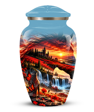 Personalized Fantasy Cremation Urn for Ashes, Red Butterfly Castle Memorial Urn, Custom Adult Urn