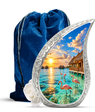Flamingo Cremation Urn for Ashes, Tropical Beach Sunset Adult Memorial Urn