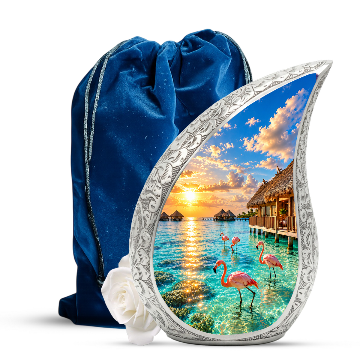 Flamingo Cremation Urn for Ashes, Tropical Beach Sunset Adult Memorial Urn