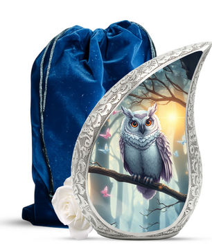 Enchanted Owl Personalized Cremation Urn – Teardrop Memorial Urn for Ashes | 10 Inch Aluminum Adult Urn