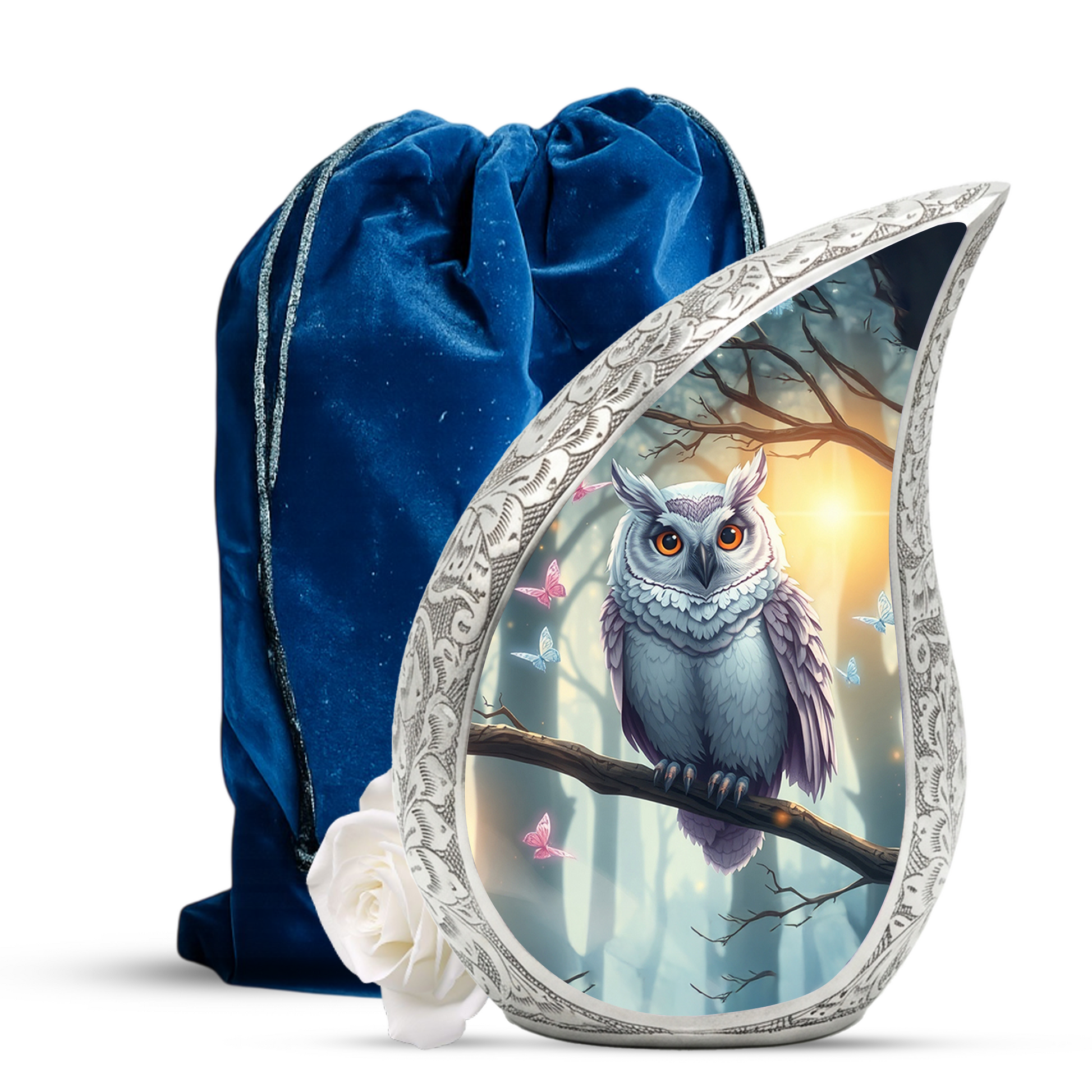 Enchanted Owl Personalized Cremation Urn – Teardrop Memorial Urn for Ashes | 10 Inch Aluminum Adult Urn
