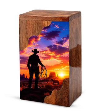 Cowboy Sunset Wooden Cremation Urn – Wooden Urn for Human Ashes