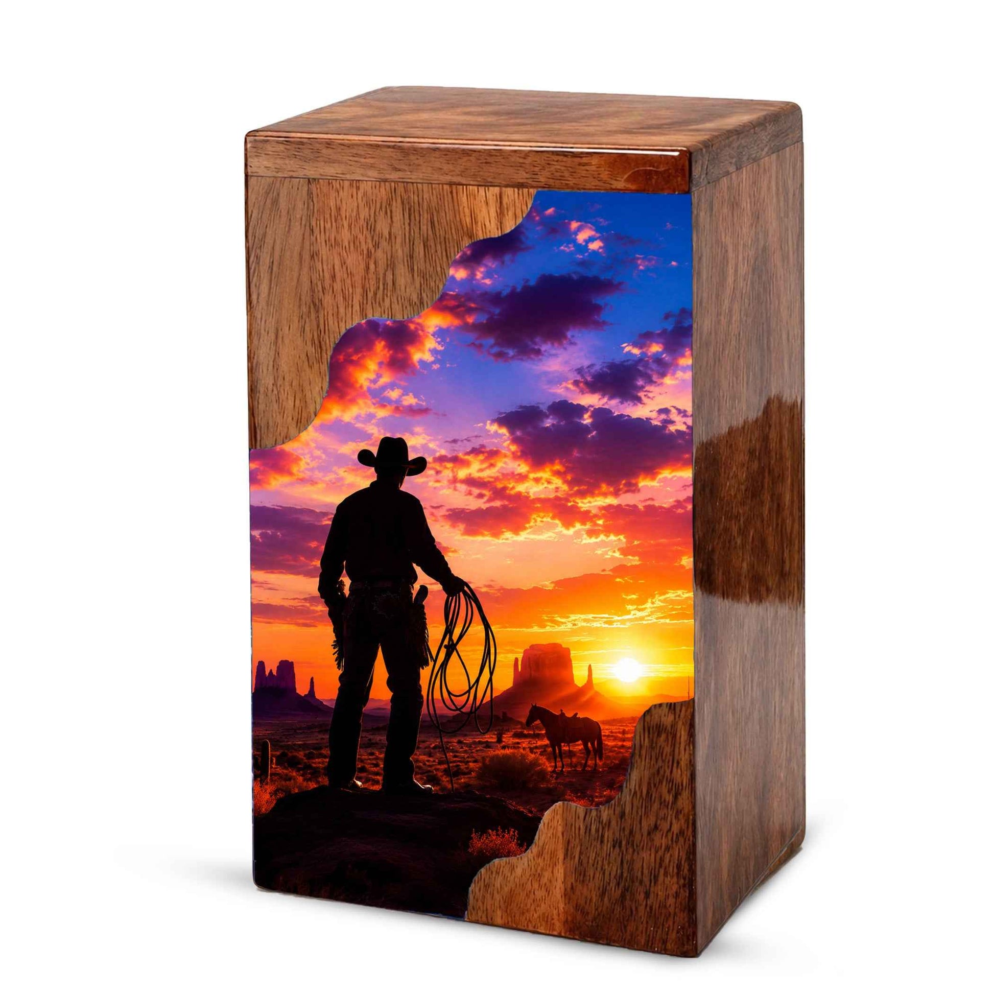 Cowboy Sunset Wooden Cremation Urn – Wooden Urn for Human Ashes