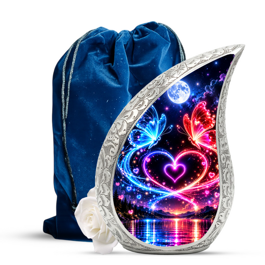 Heart Butterfly Urn for Human Ashes, Adult Cremation Urn with Glowing Butterflies