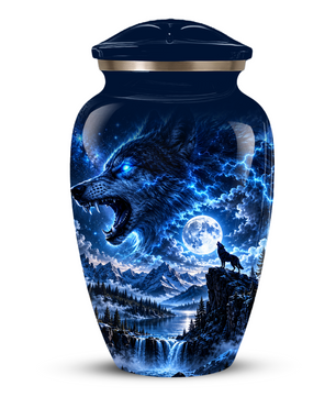 Personalized Adult Cremation Urn for Ashes, Blue Lightning Wolf Memorial Urn, Custom Wolf Howling at Moon Urn