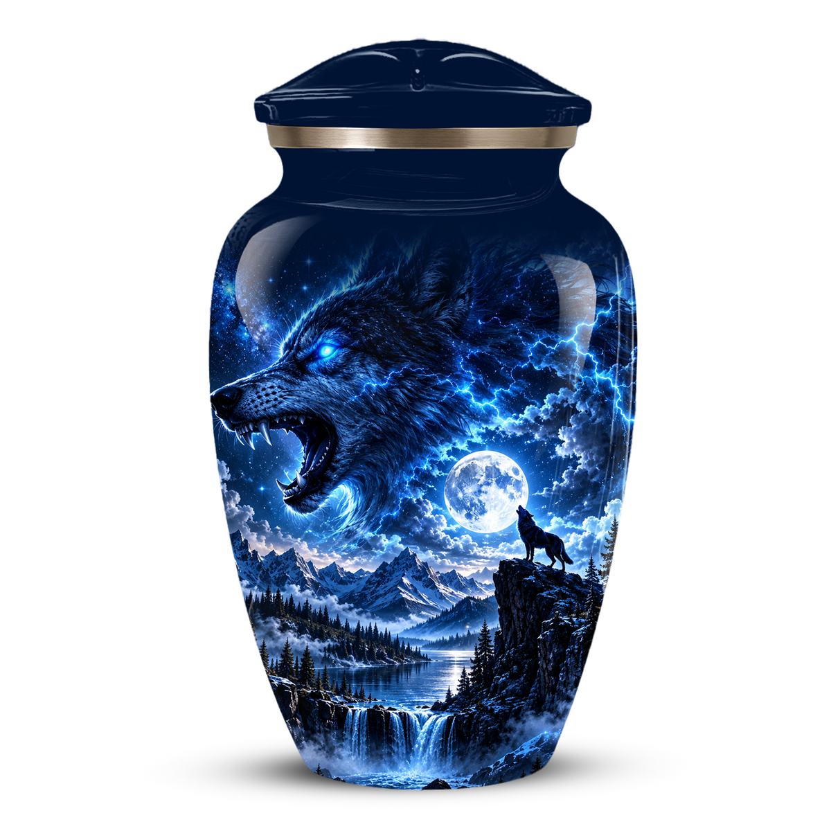 Personalized Adult Cremation Urn for Ashes, Blue Lightning Wolf Memorial Urn, Custom Wolf Howling at Moon Urn